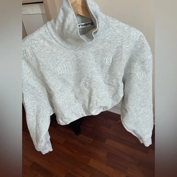 Alexander Wang All Over Logo Embroidery Monogram Turtleneck Sweatshirt Crop Top - Picture 4 of 17